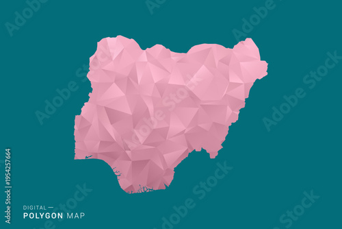 Nigeria polygon map vector illustration in low poly geometric style, soft pastel colors with pink and teal green tones, clean silhouette on solid background, ideal for infographic.