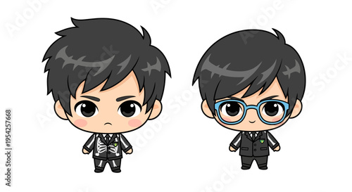 Illustration of two chibi-style boys with dark hair wearing suits expressing different moods