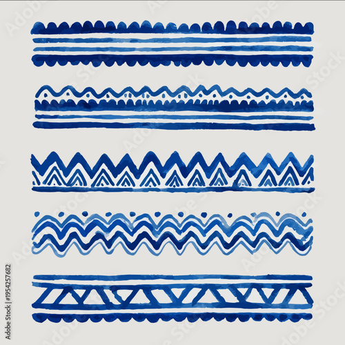 isolated clipart image of watercolor gouache blue and white borders strips folk geometric pattern divider vector icon monochrome simple logo for kids on a