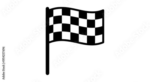 Illustrative black and white checkered racing flag on a pole waving gently