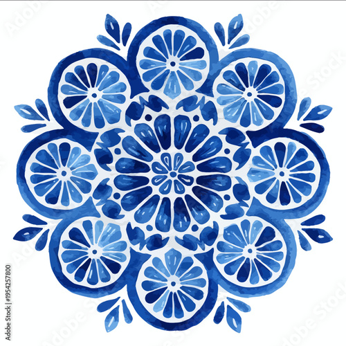 isolated clipart image of watercolor hand painted blue white geometric symmetrical lemon minimalist tile vector icon monochrome simple logo for kids on a w
