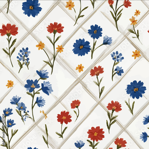 isolated clipart image of watercolor geometric vertical lattice grids wildflowers red blue yellow handpainted repetitive pattern linocut vector i