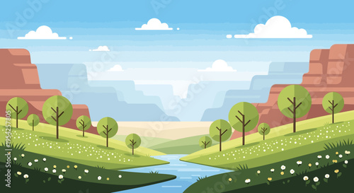 Pixel Art Landscape: Serene River Valley with Grand Canyon Style Cliffs and Green Hills