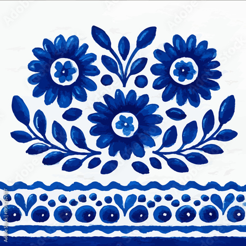 isolated clipart image of watercolor gouache blueand white borders strips floral folk Marrakech geometric pattern tile vector icon monochrome simple logo f