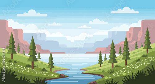 Pixel Art Landscape: Serene River Valley with Grand Canyon-like Cliffs and Evergreen Trees
