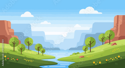 Pixel Art Landscape: Serene River Valley with Green Hills, Trees, and Mountains