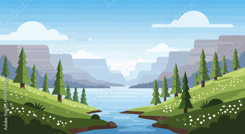 Pixel Art Landscape: Serene River Valley with Majestic Mountains and Lush Greenery