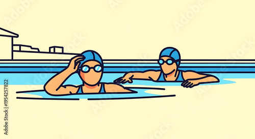 Two female swimmers in a pool wearing blue swim caps and goggles, engaging in a conversation.