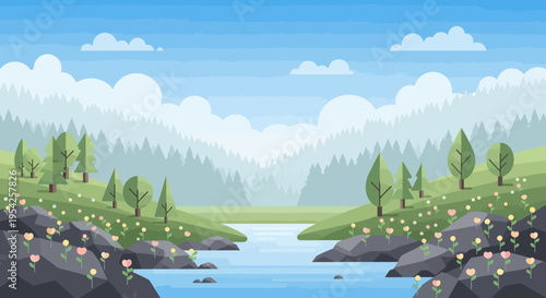 Pixel Art Landscape: Serene River Valley with Misty Mountains and Blooming Wildflowers