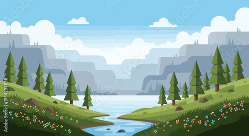 Pixel Art Landscape: Serene River Valley with Mountains and Pine Trees