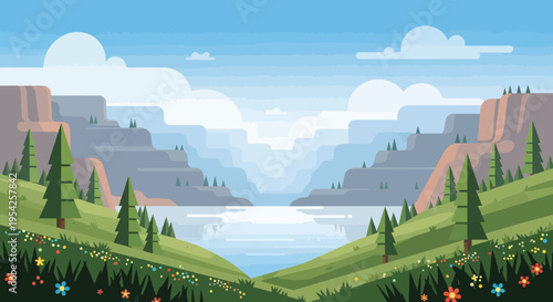 Pixel Art Landscape: Serene River Valley with Mountains and Green Hills