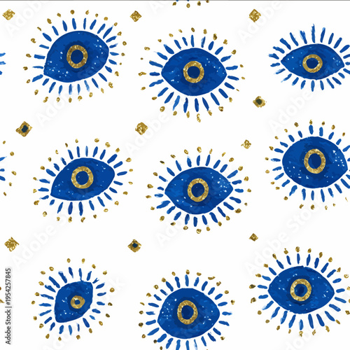 isolated clipart image of watercolor geometric evil eye sunrays blue yellow handpainted repetitive pattern linocut vector icon monochrome simple logo for k
