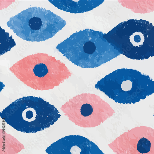 isolated clipart image of watercolor geometric blue pink handpainted evil eye repetitive pattern in rows linocut vector icon monochrome simple logo for kid