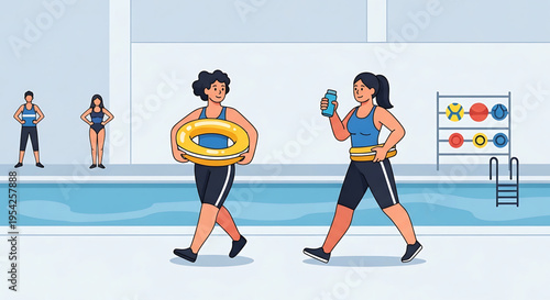 A vector illustration of women in athletic wear engaging in fitness activities at a pool