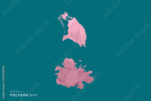 Antigua and Barbuda polygon map vector illustration in low poly geometric style, soft pastel colors with pink and teal green tones, clean silhouette on solid background, ideal for infographic.