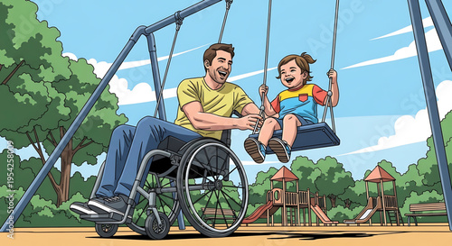 A heartwarming illustration of a man in a wheelchair playing with his child on a swing set at a park