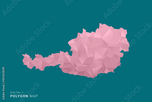 Austria polygon map vector illustration in low poly geometric style, soft pastel colors with pink and teal green tones, clean silhouette on solid background, ideal for infographic.