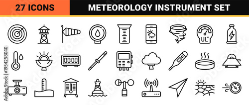 Meteorological Station and Weather Forecasting Instruments Outline Icons. Ultra-minimalist monoline geometric line art for climate monitoring.