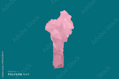 Benin polygon map vector illustration in low poly geometric style, soft pastel colors with pink and teal green tones, clean silhouette on solid background, ideal for infographic.