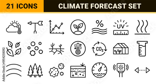 Ultra-minimalist Monoline Meteorology Symbols for Weather Forecasting and Environmental Analysis Featuring Geometric Line Art Outlines.