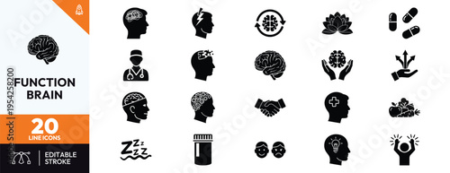 Set of 20 Brain Function and Mental Health Icons. Vector symbols for neurology, psychology, cognitive wellness, medical healthcare, and human mind processing. High-quality solid glyph design.