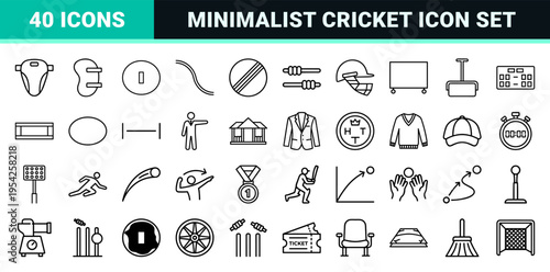 Professional Cricket Sports Equipment and Gameplay Icon Set featuring Ultra-Minimalist Monoline Geometric Line Art Symbols for Digital Design.
