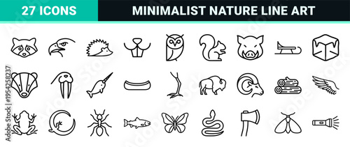 Wilderness and Arctic Wildlife Ultra-Minimalist Monoline Icon Set, Geometric Animal Line Art for Modern Brand Identity and Interface Design.