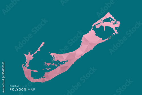Bermuda polygon map vector illustration in low poly geometric style, soft pastel colors with pink and teal green tones, clean silhouette on solid background, ideal for infographic.