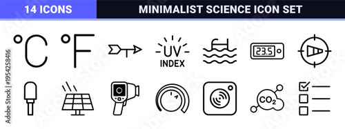 Professional Meteorology and Thermal Measurement Outline Icons Featuring Ultra-minimalist Geometric Line Art for Science and Weather Apps