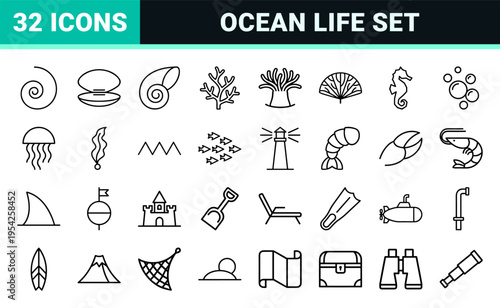 Marine Life and Oceanography Ultra-Minimalist Monoline Icons Featuring Geometric Sea Creatures and Coastal Elements for Clean Web Interface Design.