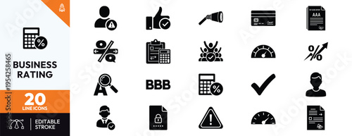 Business rating and credit score icon set featuring financial evaluation tools, performance indicators, report documents, user profile status, and percentage calculation symbols for analysis.