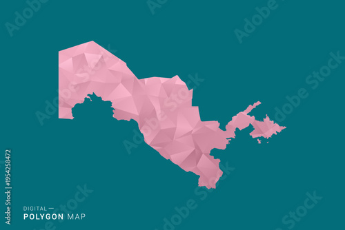 Uzbekistan polygon map vector illustration in low poly geometric style, soft pastel colors with pink and teal green tones, clean silhouette on solid background, ideal for infographic.