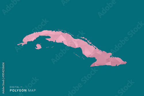 Cuba polygon map vector illustration in low poly geometric style, soft pastel colors with pink and teal green tones, clean silhouette on solid background, ideal for infographic.