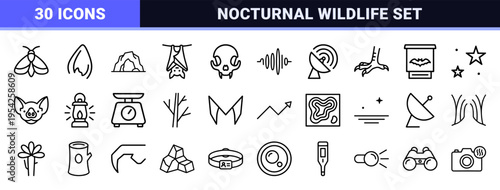 Chiropterology and Nocturnal Wildlife Study Outline Symbols. Ultra-Minimalist Geometric Monoline Icons for Zoology and Bat Conservation Research.