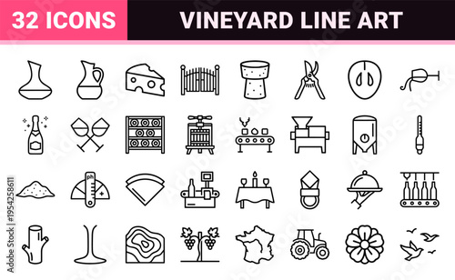 Viticulture and Enology Ultra-Minimalist Monoline Icon Set featuring Grapes, Wine Bottles, and Vineyard Tools in Geometric Line Art Style.