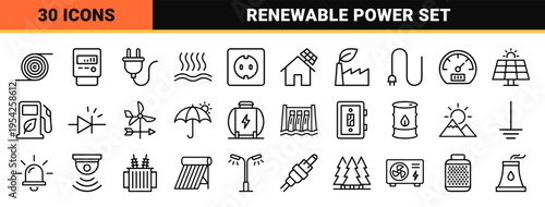 Sustainable Energy and Renewable Technology Ultra-Minimalist Monoline Outline Symbols for Smart Grid Systems and Solar Power Infrastructure.