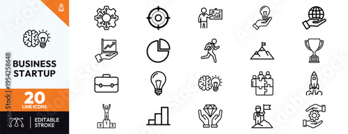 Business startup line icons set featuring 20 minimalist vector symbols for entrepreneurship, innovation, growth, leadership, teamwork, and success, with editable stroke for creative projects.