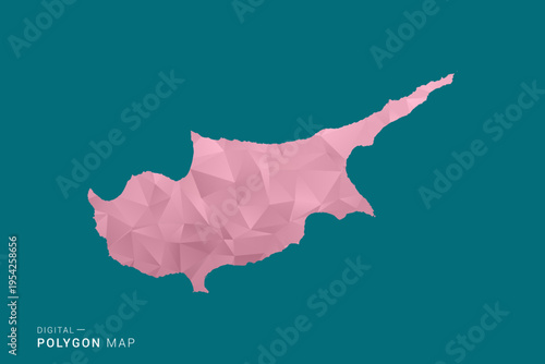 Cyprus polygon map vector illustration in low poly geometric style, soft pastel colors with pink and teal green tones, clean silhouette on solid background, ideal for infographic.