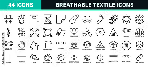 Breathable Fabric Technology Icons, Ultra-Minimalist Monoline Performance Textile Symbols, Geometric Line Art for Sportswear Engineering Assets.