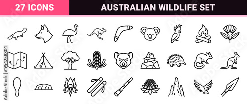 Australian Wildlife and Outback Nature Minimalist Monoline Icon Set featuring Koala Kangaroo and Eucalyptus symbols for UI Design and Web Layouts.