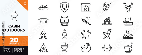 Vector cabin and outdoor line icons set featuring camping equipment, fireplace, barbecue grill, log cabin, tent, and nature elements for mountain lifestyle and forest adventure designs.