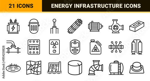 Nuclear Energy and Industrial Power Infrastructure Icon Set featuring Ultra-Minimalist Geometric Line Art for Sustainable Engineering Concepts.