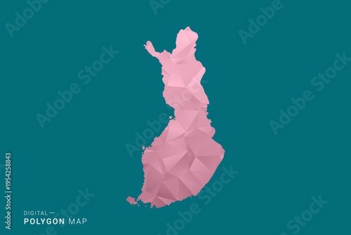 Finland polygon map vector illustration in low poly geometric style, soft pastel colors with pink and teal green tones, clean silhouette on solid background, ideal for infographic.