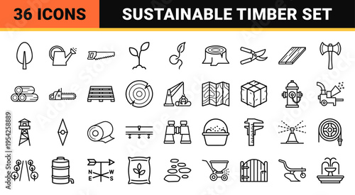 Sustainable Forestry and Timber Industry Icon Set Featuring Ultra-Minimalist Geometric Line Art for Commercial Wood Production and Silviculture.