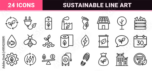 Ecological Footprint and Environmental Sustainability Icon Set Featuring Ultra-Minimalist Geometric Monoline Symbols for Green Energy and Conservation.