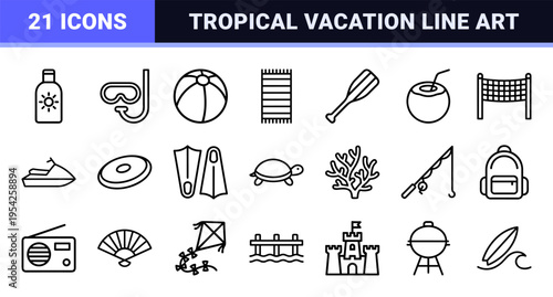 Tropical Summer Vacation and Beach Leisure Line Art Symbol Set featuring Ultra-Minimalist Monoline Aesthetic for Modern Interface Design.
