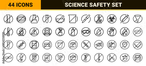 Ultra-minimalist Monoline Science Lab Symbols Featuring Prohibited Chemicals and Restricted Laboratory Glassware in Geometric Line Art Style