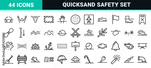 Quicksand Hazard Alert Symbols and Environmental Safety Line Art Icons for Industrial Signage and Geographic Risk Mapping Visualization