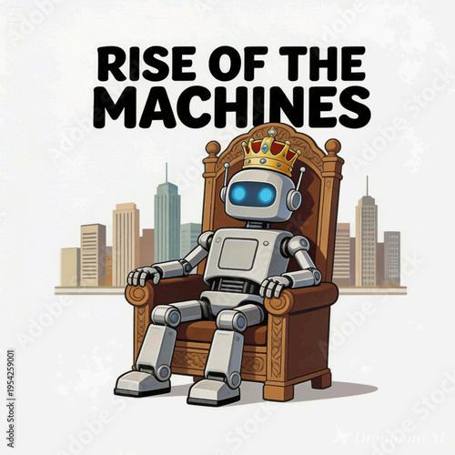 A vintage metal tin robot celebrates a happy new year on a retro mechanical old train in this futuristic science fiction vector illustration