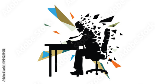 businessman sitting at desk with exploding creative ideas